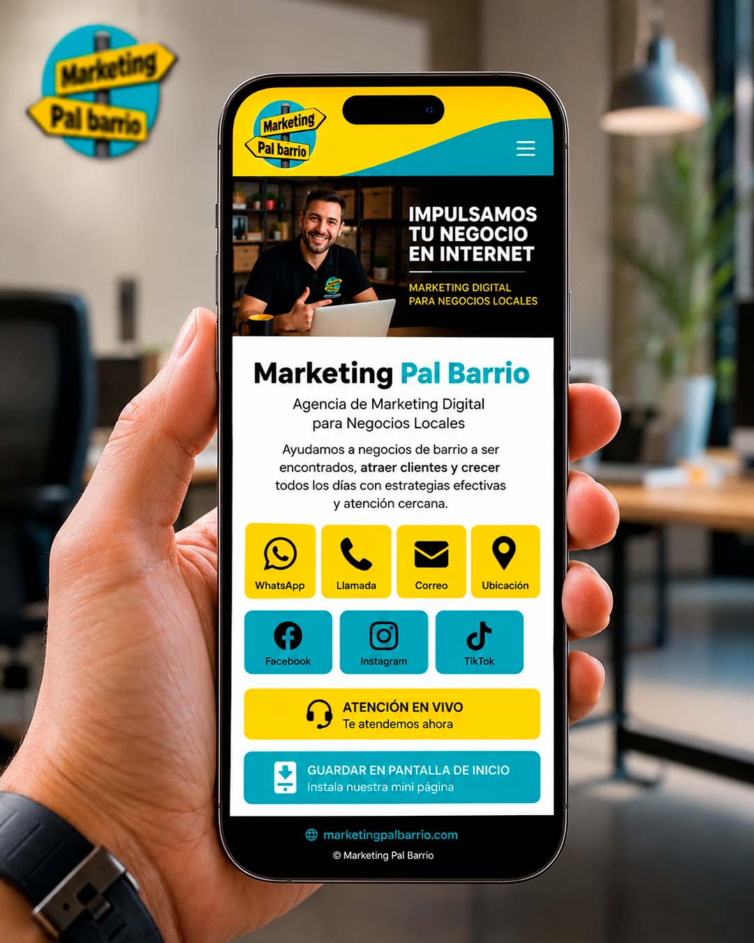 Mini página de Marketing Pal Barrio mostrada en un teléfono